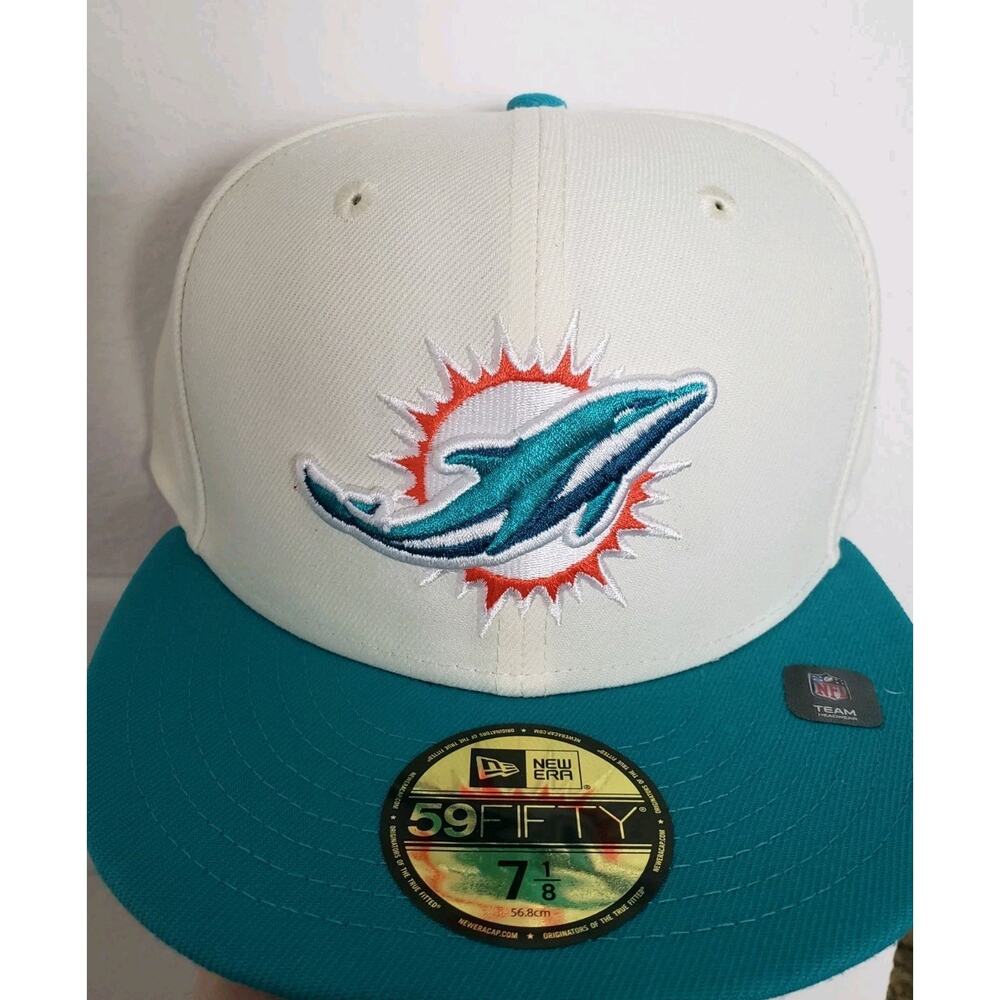 Miami Dolphins 59FIFTY Fitted Hat Cream Aqua Main Logo Size 7 1/8 New Era